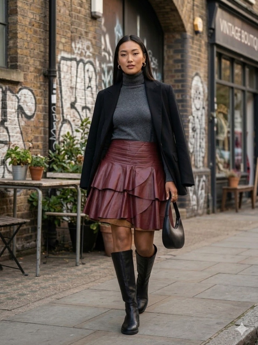 Commense Burgundy Tiered Faux Leather Mini Skirt